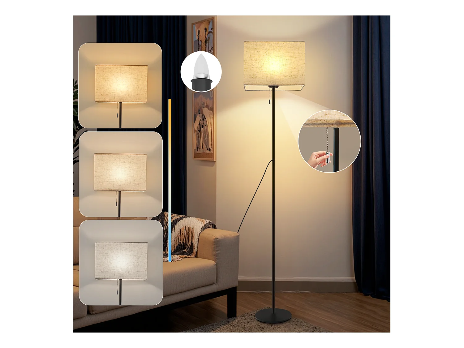 NETTLIFE Retro Dimmbare LED Stehleuchte Stoffschirm für Wohnzimmer, mit Zugschalter