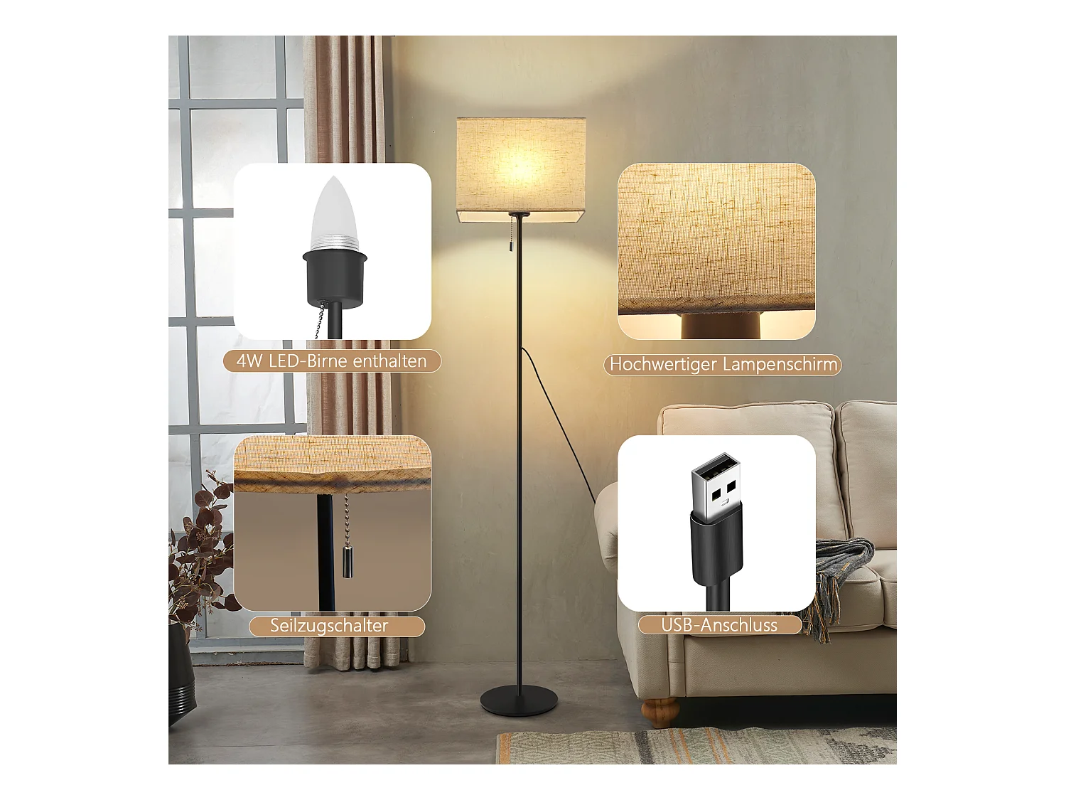 NETTLIFE Retro Dimmbare LED Stehleuchte Stoffschirm für Wohnzimmer, mit Zugschalter