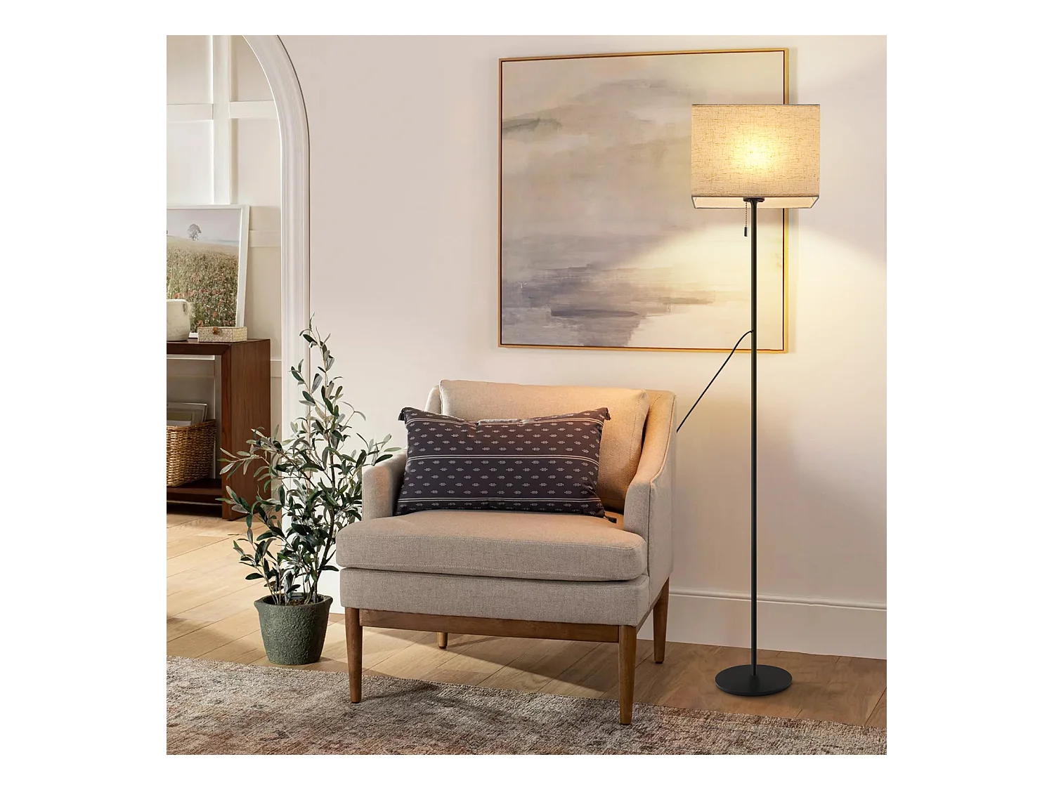 NETTLIFE Retro Dimmbare LED Stehleuchte Stoffschirm für Wohnzimmer, mit Zugschalter