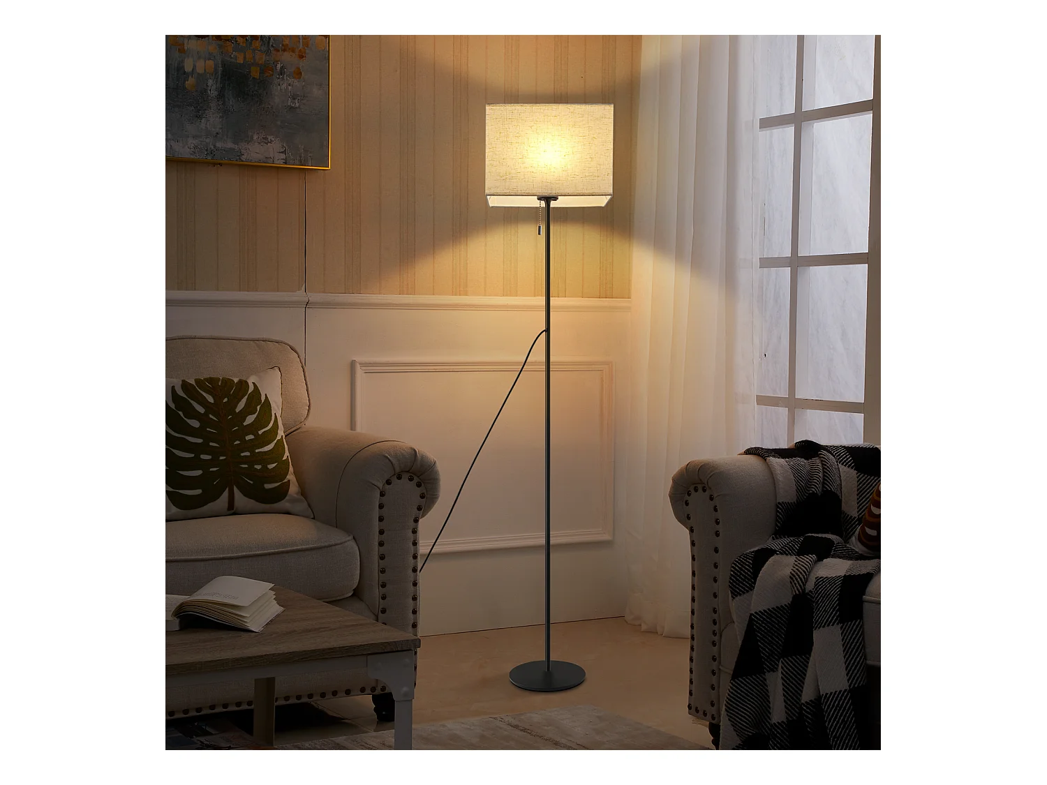 NETTLIFE Lampadaire LED à Intensité Variable Rétro Abat-jour En Tissu Pour Salon, Avec Interrupteur à Tirette
