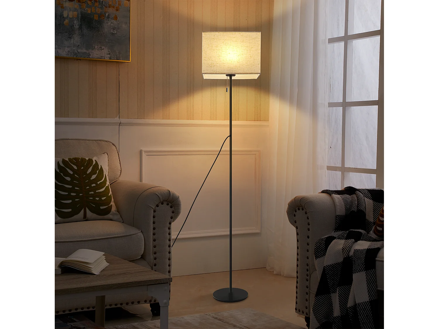 NETTLIFE Lampadaire LED à Intensité Variable Rétro Abat-jour En Tissu Pour Salon, Avec Interrupteur à Tirette