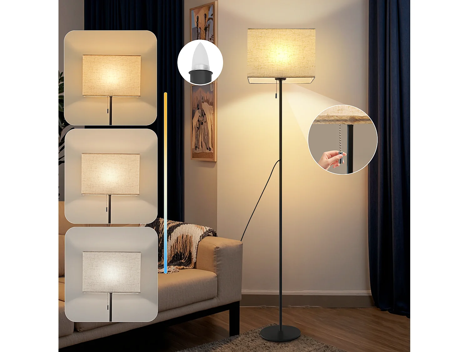 NETTLIFE Lampadaire LED à Intensité Variable Rétro Abat-jour En Tissu Pour Salon, Avec Interrupteur à Tirette