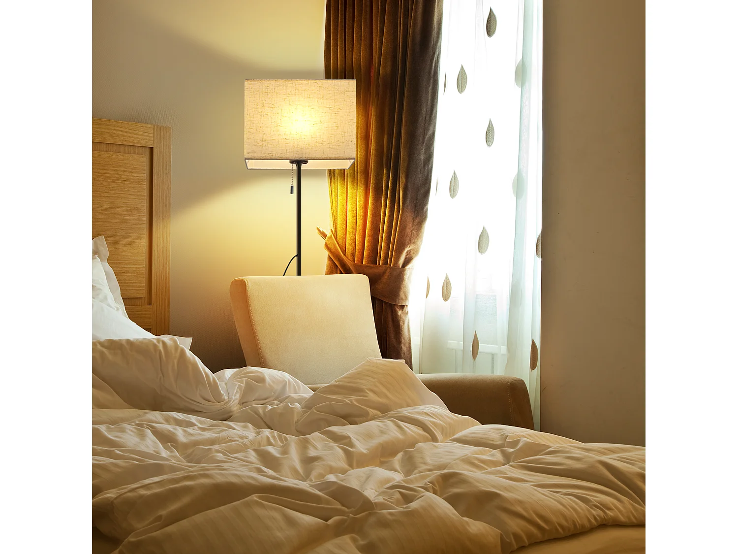 NETTLIFE Lampadaire LED à Intensité Variable Rétro Abat-jour En Tissu Pour Salon, Avec Interrupteur à Tirette