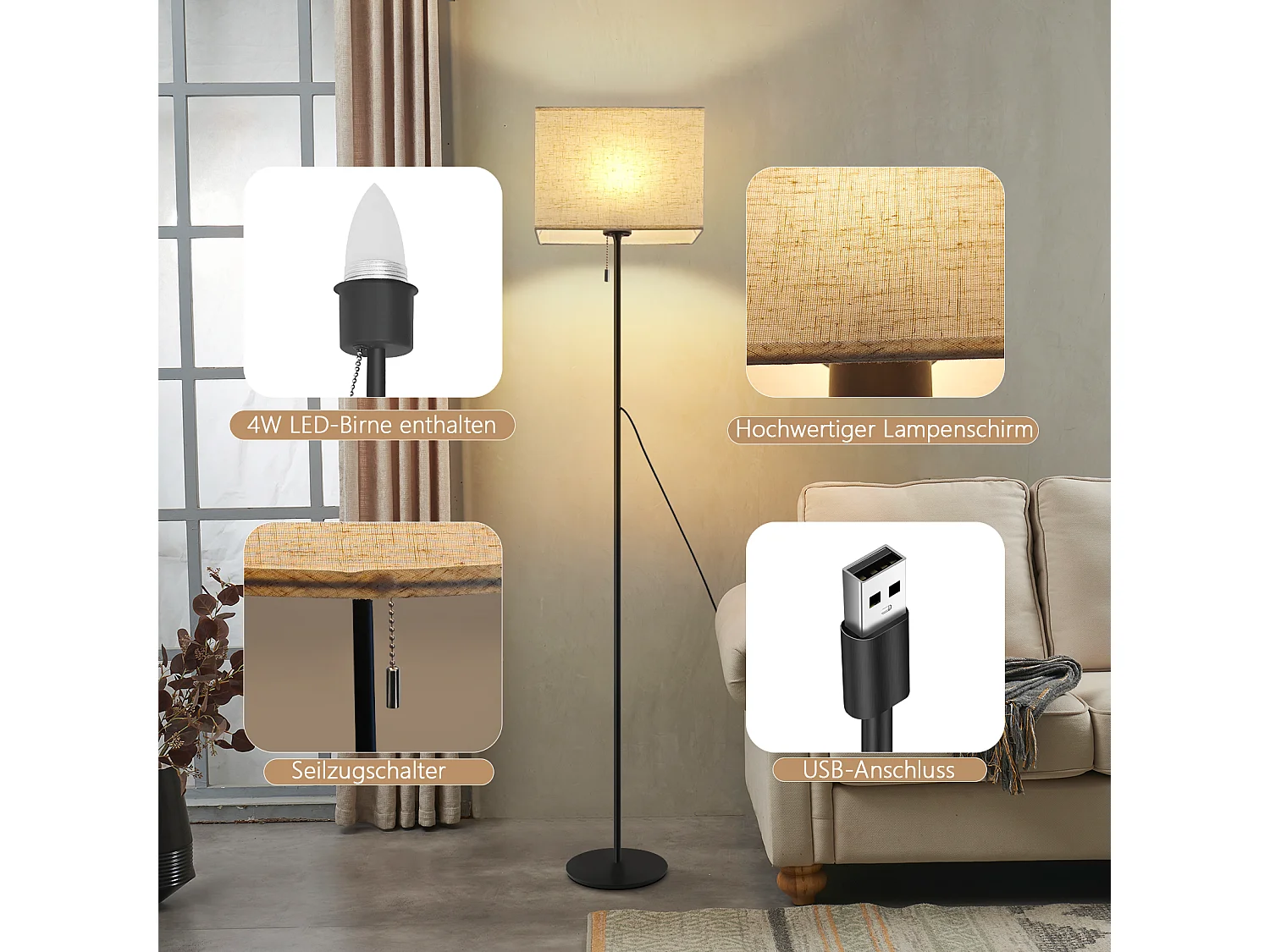 NETTLIFE Lampadaire LED à Intensité Variable Rétro Abat-jour En Tissu Pour Salon, Avec Interrupteur à Tirette