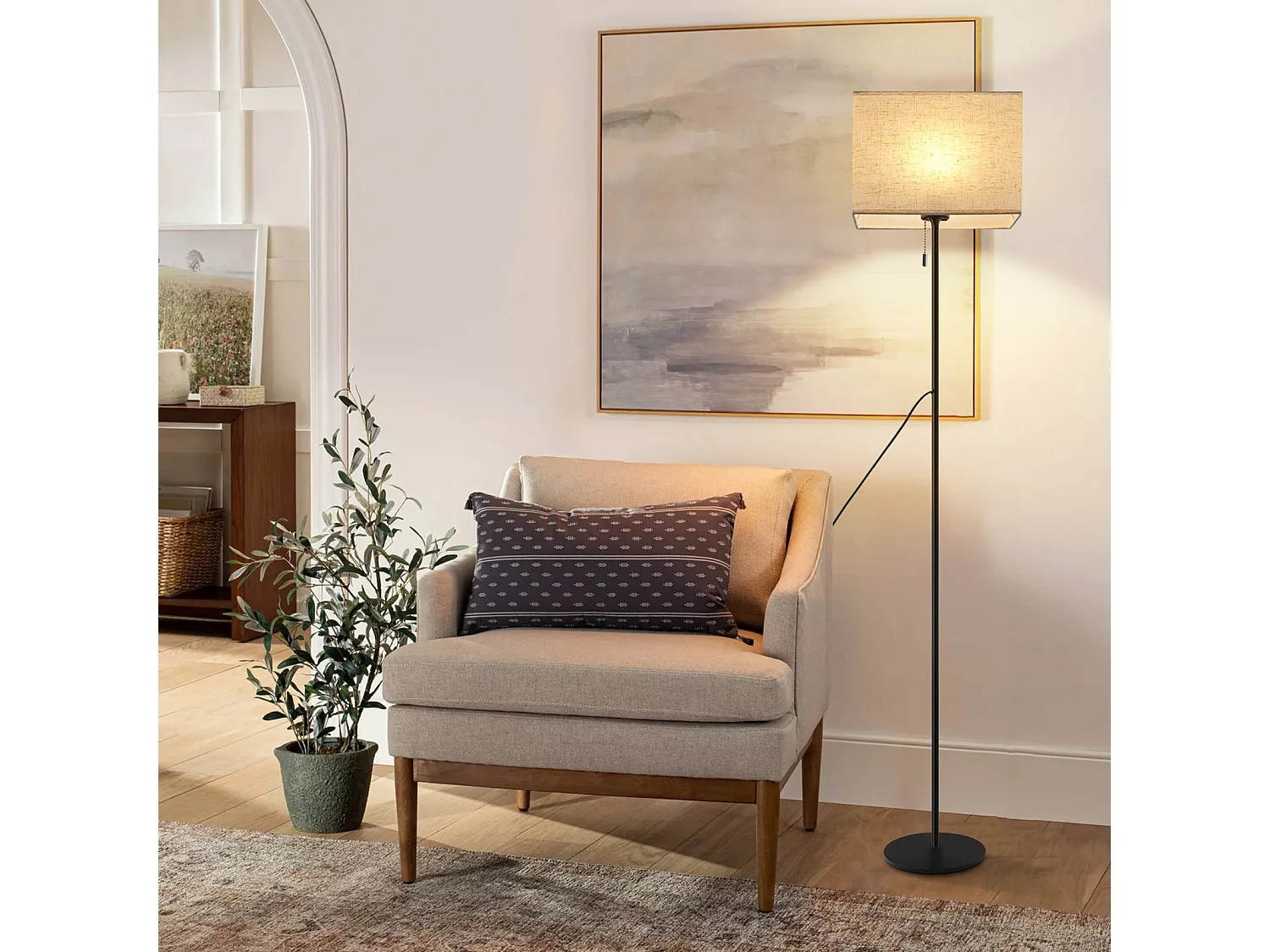 NETTLIFE Lampadaire LED à Intensité Variable Rétro Abat-jour En Tissu Pour Salon, Avec Interrupteur à Tirette