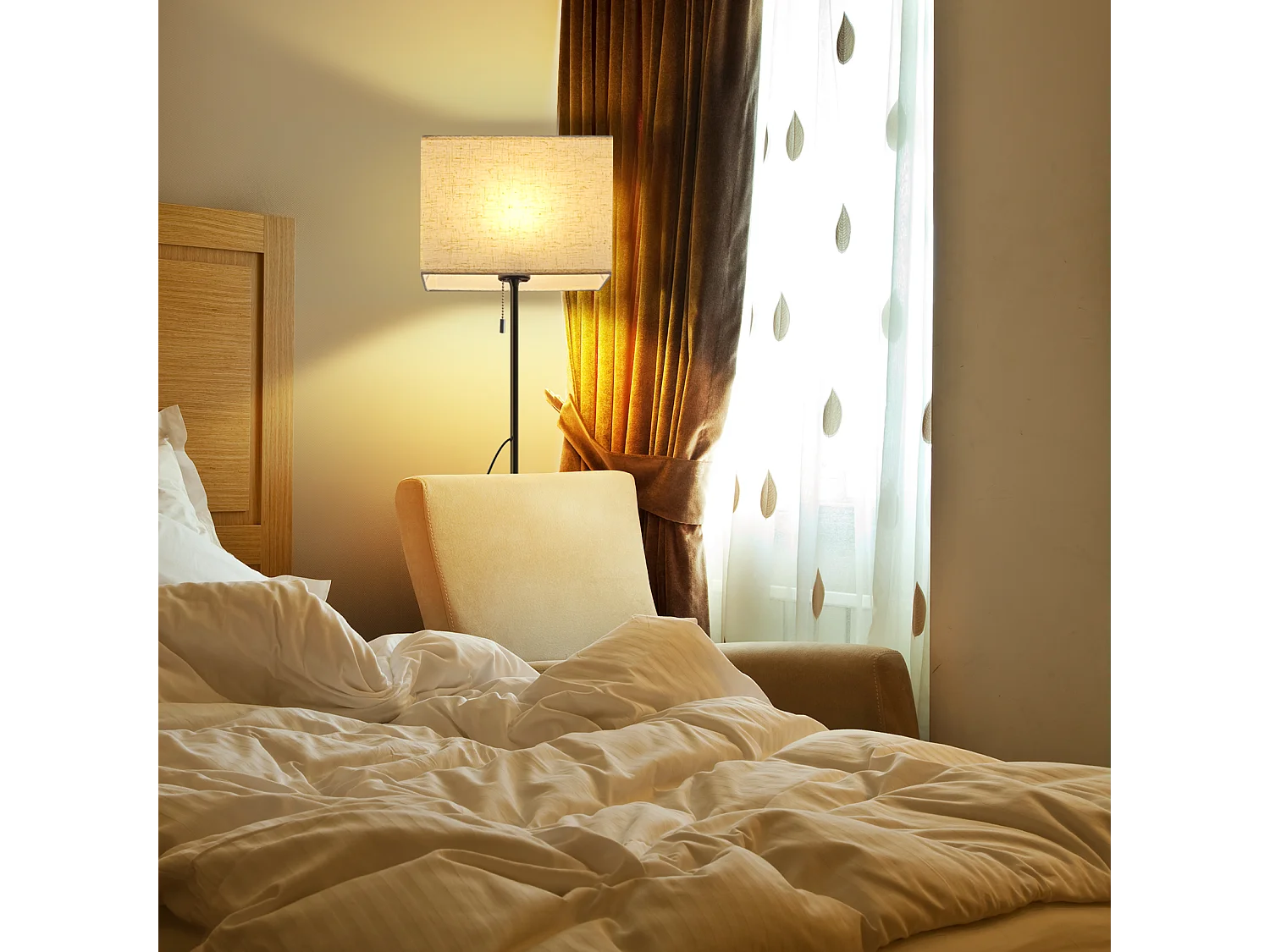 NETTLIFE Lampadaire LED à Intensité Variable Rétro Abat-jour En Tissu Pour Salon, Avec Interrupteur à Tirette