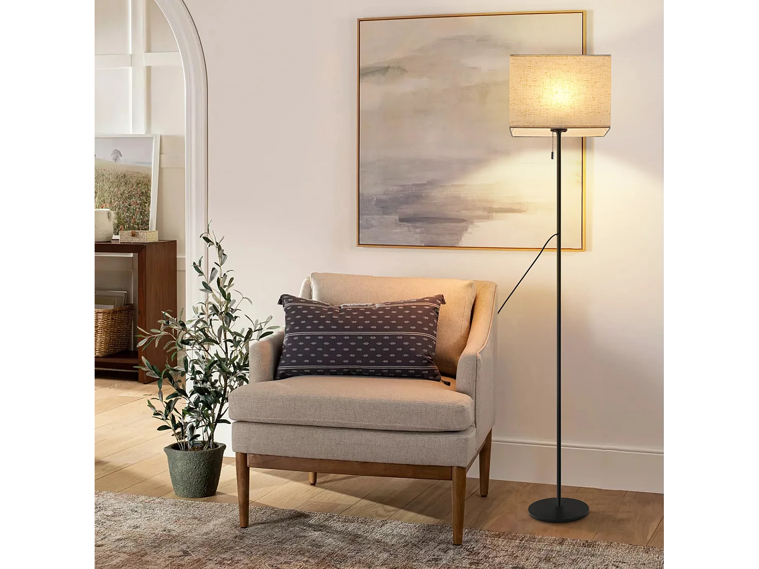 NETTLIFE Lampadaire LED à Intensité Variable Rétro Abat-jour En Tissu Pour Salon, Avec Interrupteur à Tirette