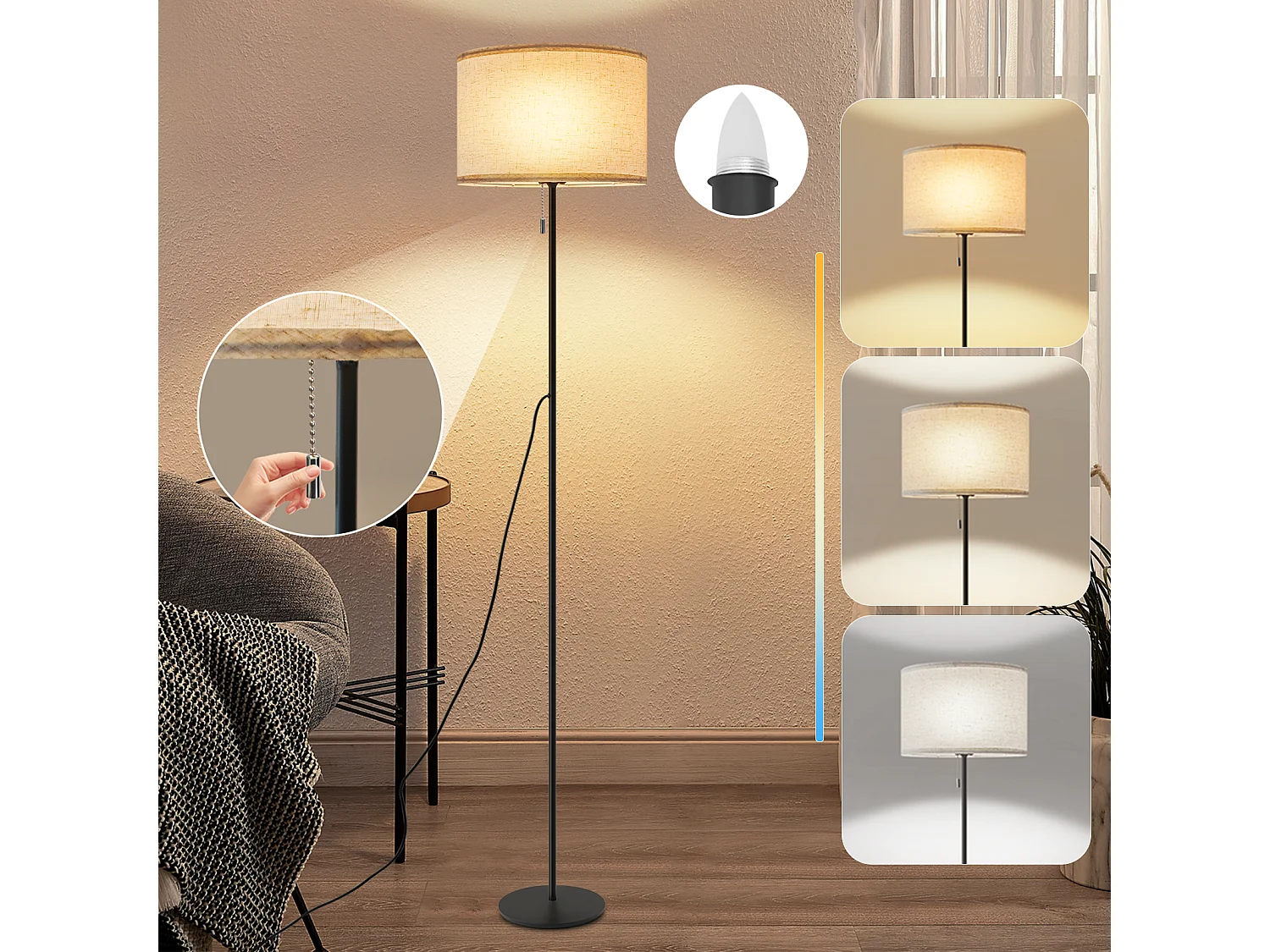 NETTLIFE Dimbare LED-vloerlamp met retro stoffen kap voor woonkamer met trekschakelaar