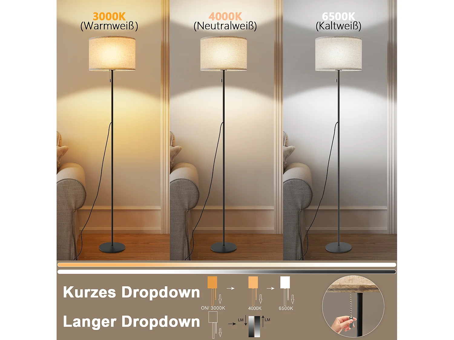 NETTLIFE Dimbare LED-vloerlamp met retro stoffen kap voor woonkamer met trekschakelaar