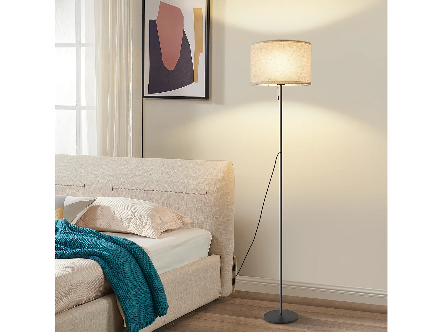 NETTLIFE Dimbare LED-vloerlamp met retro stoffen kap voor woonkamer met trekschakelaar