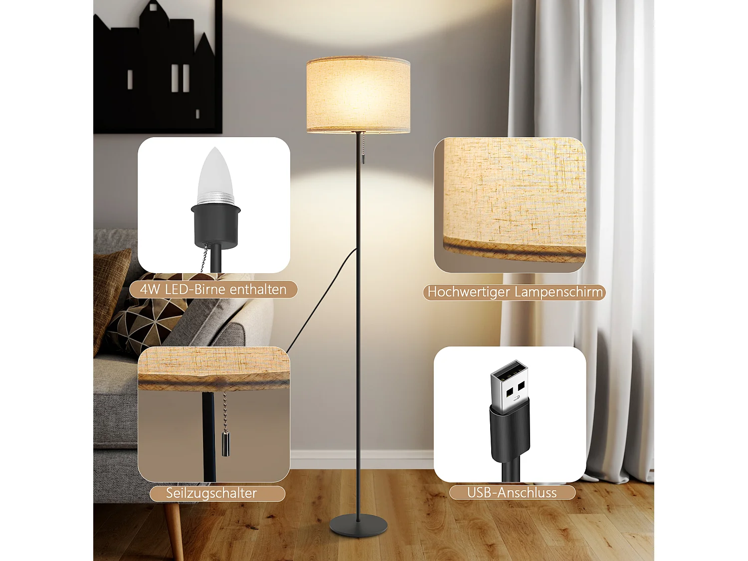 NETTLIFE Dimbare LED-vloerlamp met retro stoffen kap voor woonkamer met trekschakelaar