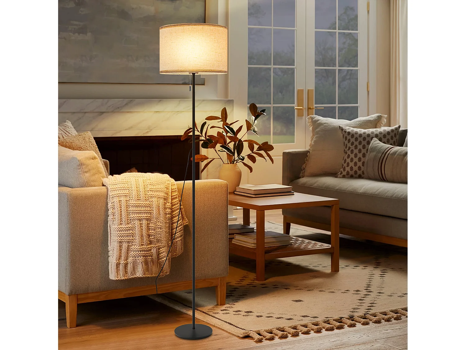 NETTLIFE Dimbare LED-vloerlamp met retro stoffen kap voor woonkamer met trekschakelaar