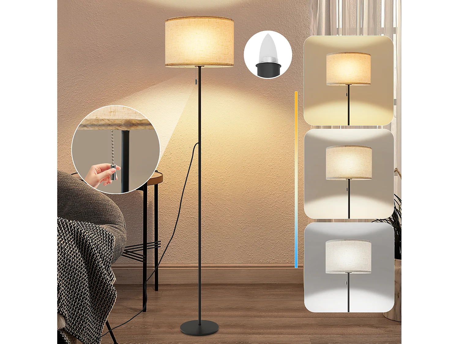 NETTLIFE Lampadaire LED à Intensité Variable Rétro Abat-jour En Tissu Pour Salon Avec Interrupteur à Tirette