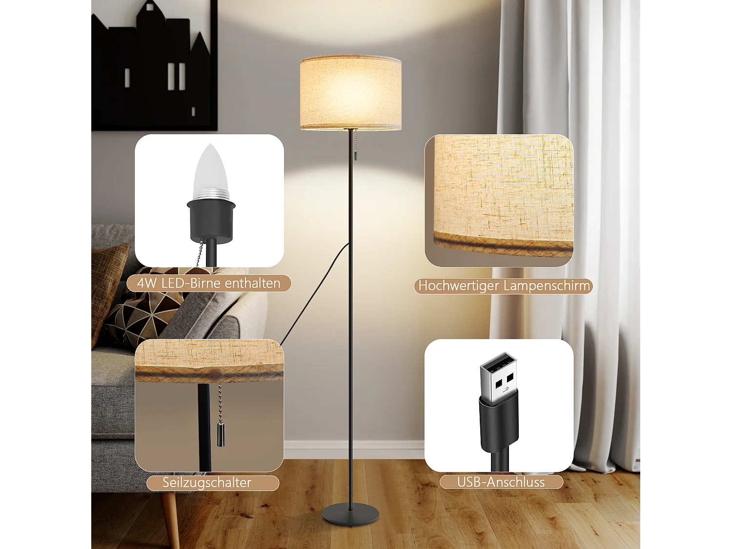 NETTLIFE Lampadaire LED à Intensité Variable Rétro Abat-jour En Tissu Pour Salon Avec Interrupteur à Tirette