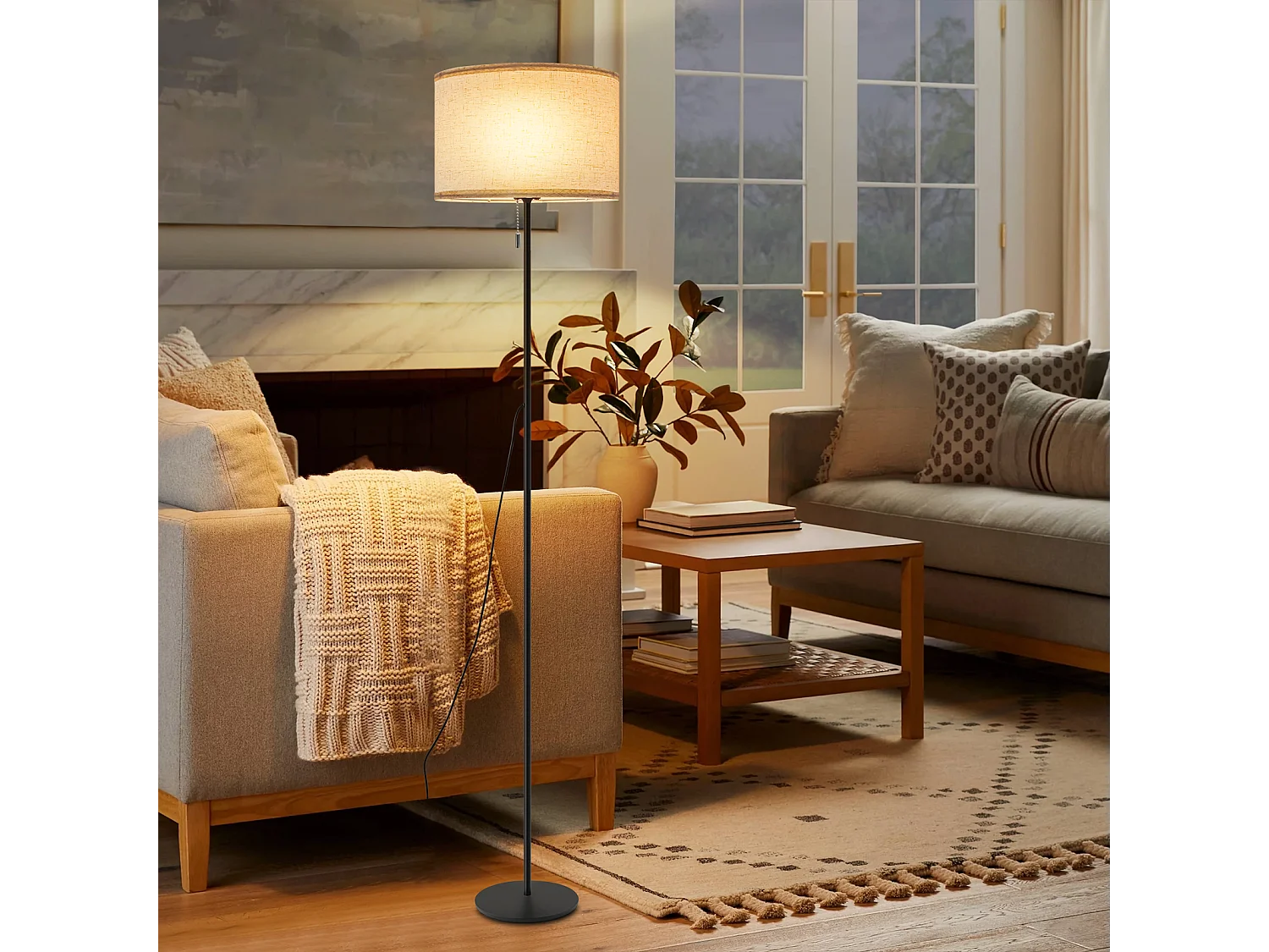 NETTLIFE Lampadaire LED à Intensité Variable Rétro Abat-jour En Tissu Pour Salon Avec Interrupteur à Tirette