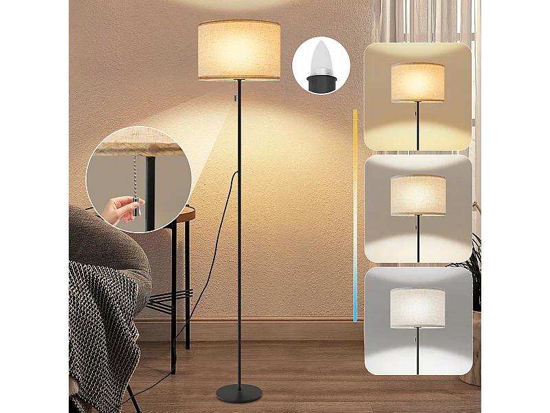 NETTLIFE Dimbare LED-vloerlamp met retro stoffen kap voor woonkamer met trekschakelaar
