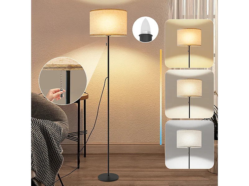 NETTLIFE Lampadaire LED à Intensité Variable Rétro Abat-jour En Tissu Pour Salon Avec Interrupteur à Tirette