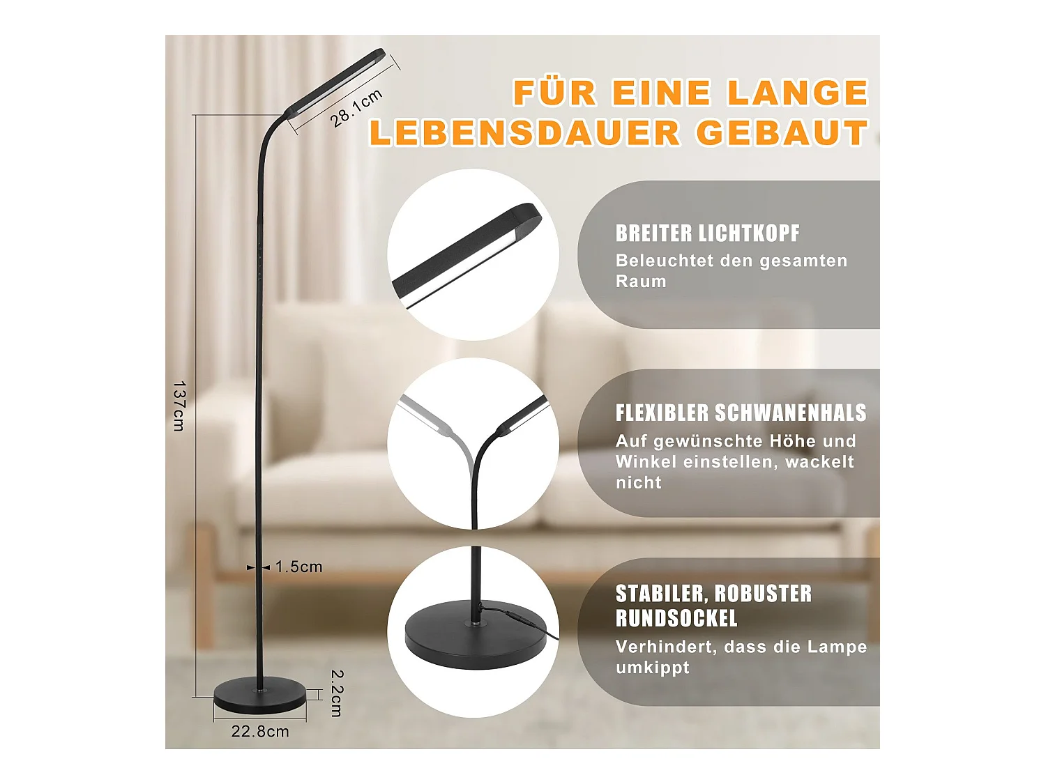 NETTLIFE LED vloerlamp woonkamer dimbaar zwarte vloerlamp 11W 360° flexibele bank
