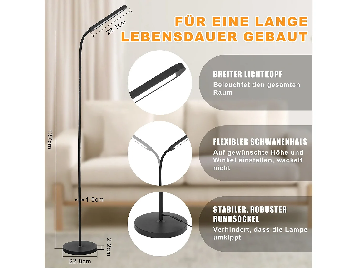 NETTLIFE LED vloerlamp woonkamer dimbaar zwarte vloerlamp 11W 360° flexibele bank