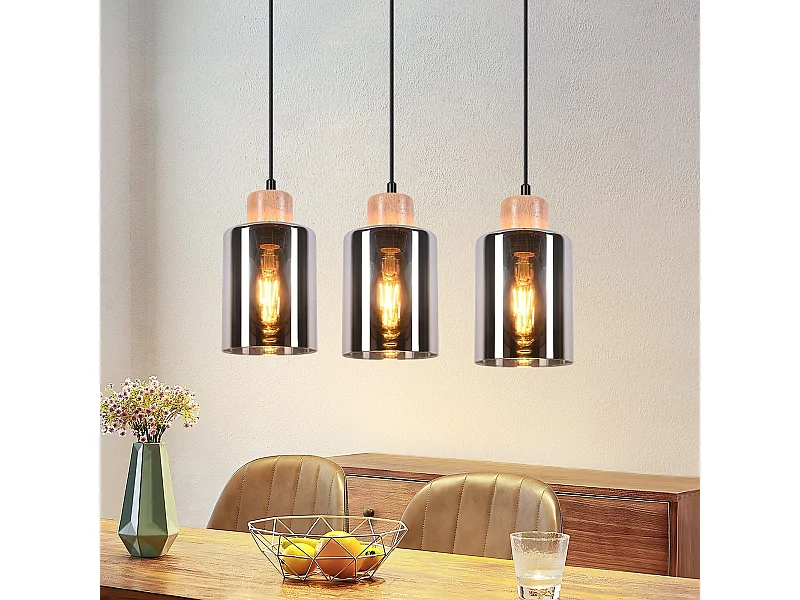 NETTLIFE Pendelleuchte aus Holz, E27 Hängelampe, Vintage Glas Esstischlampe