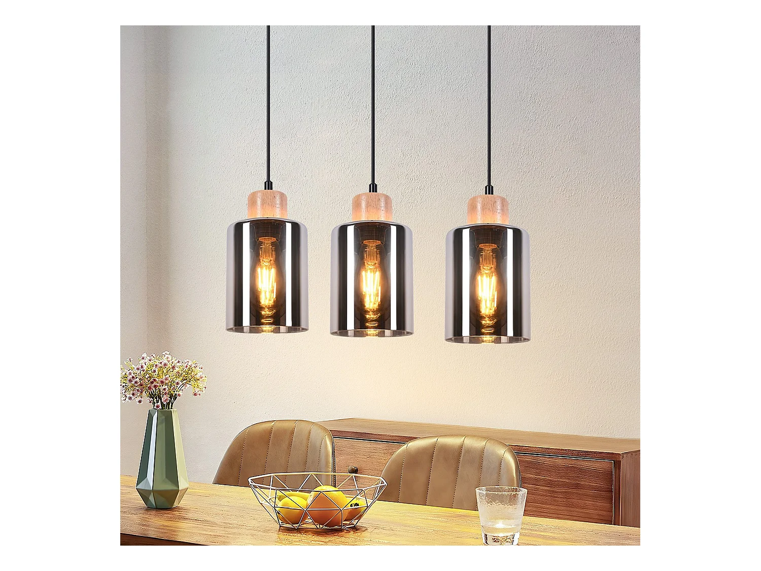 NETTLIFE Suspension en bois, lampe suspendue E27, lampe de table à manger vintage en verre