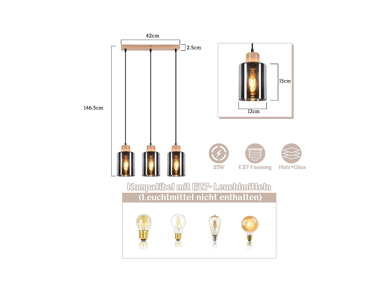 NETTLIFE Suspension en bois, lampe suspendue E27, lampe de table à manger vintage en verre