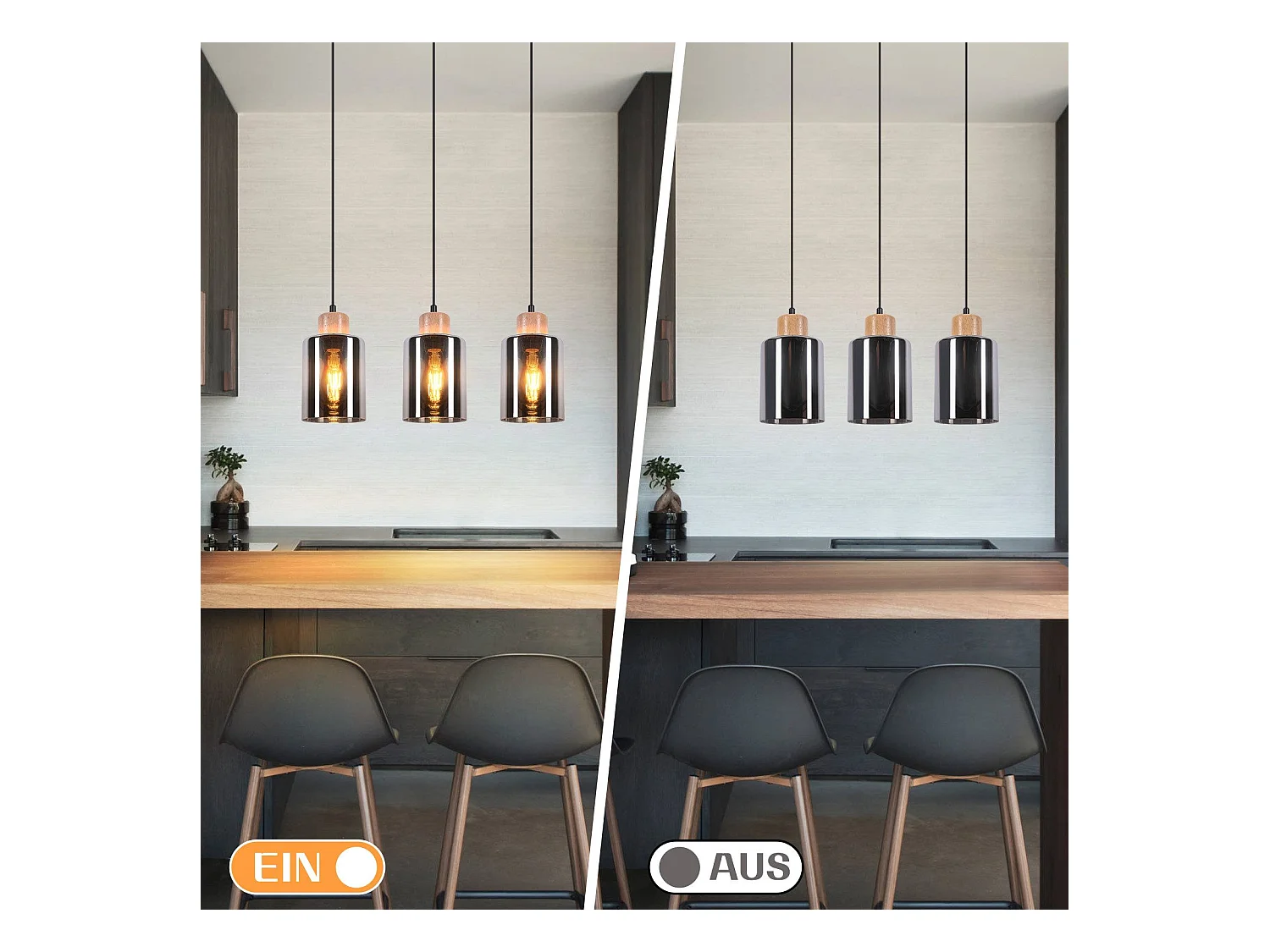 NETTLIFE Suspension en bois, lampe suspendue E27, lampe de table à manger vintage en verre