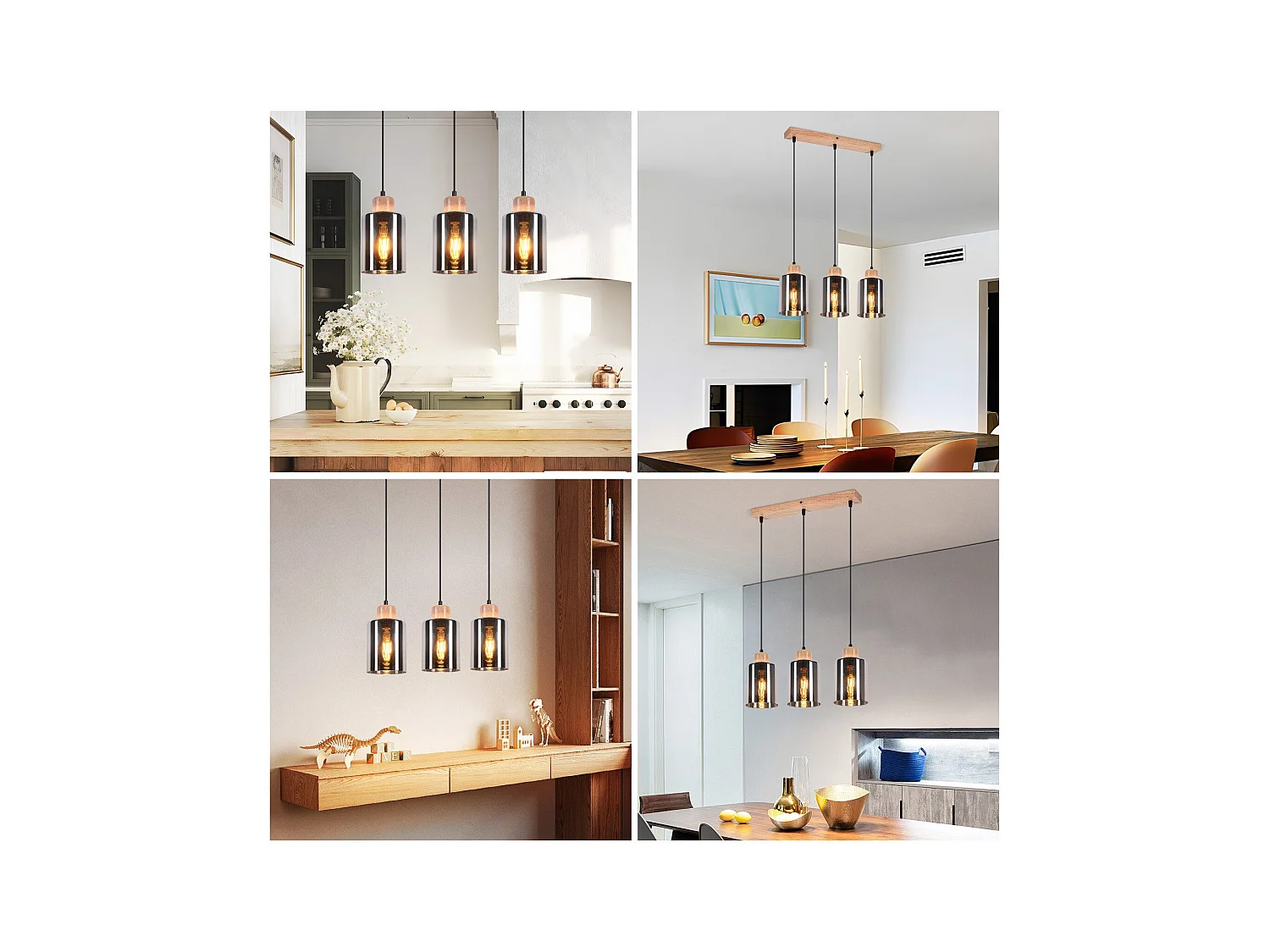 NETTLIFE Suspension en bois, lampe suspendue E27, lampe de table à manger vintage en verre