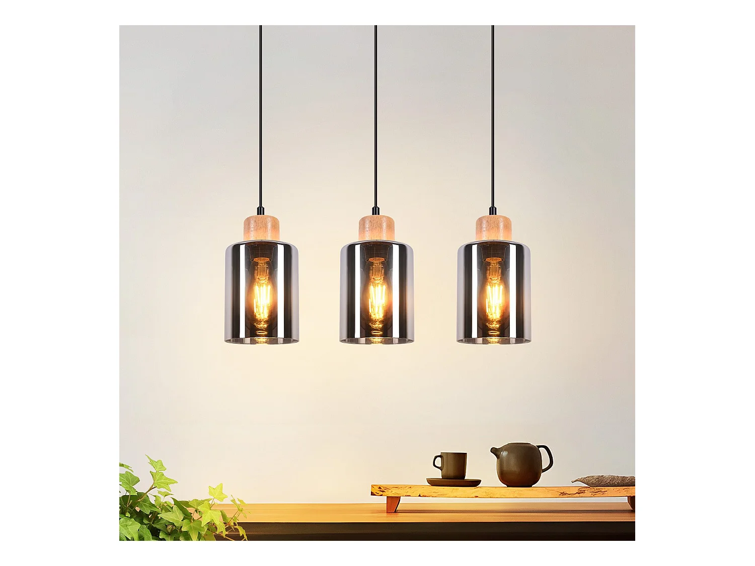 NETTLIFE Suspension en bois, lampe suspendue E27, lampe de table à manger vintage en verre