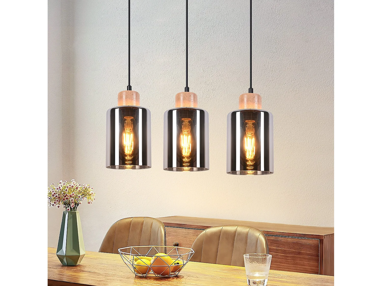 NETTLIFE Suspension en bois, lampe suspendue E27, lampe de table à manger vintage en verre