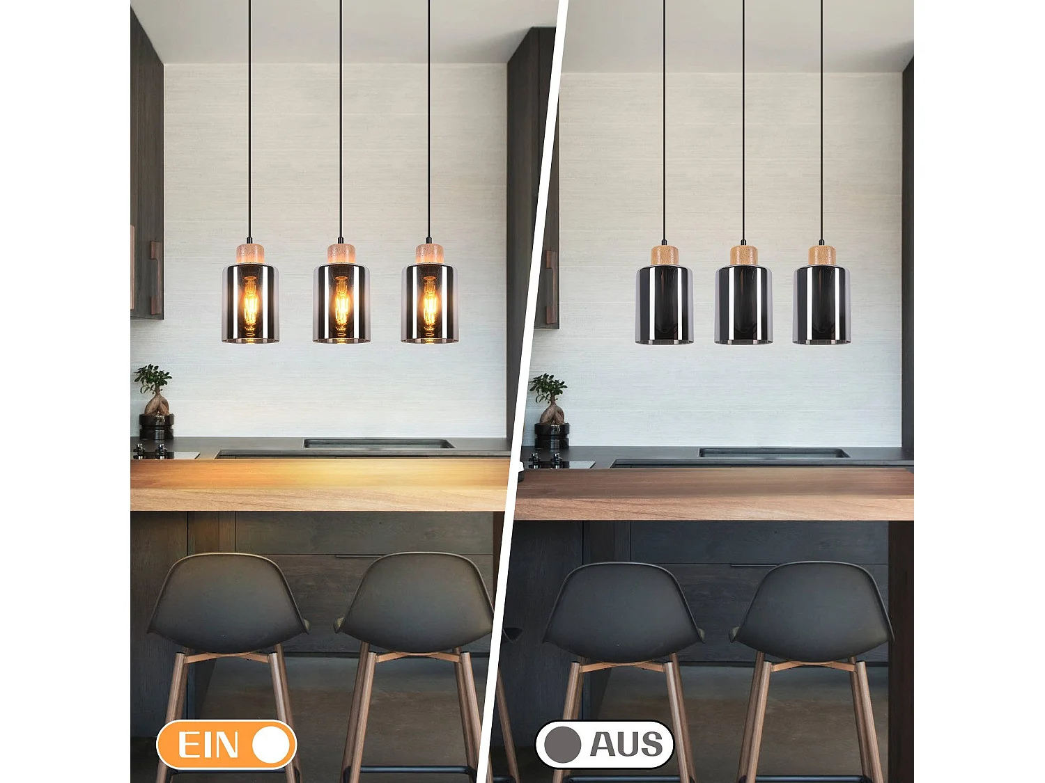 NETTLIFE Suspension en bois, lampe suspendue E27, lampe de table à manger vintage en verre