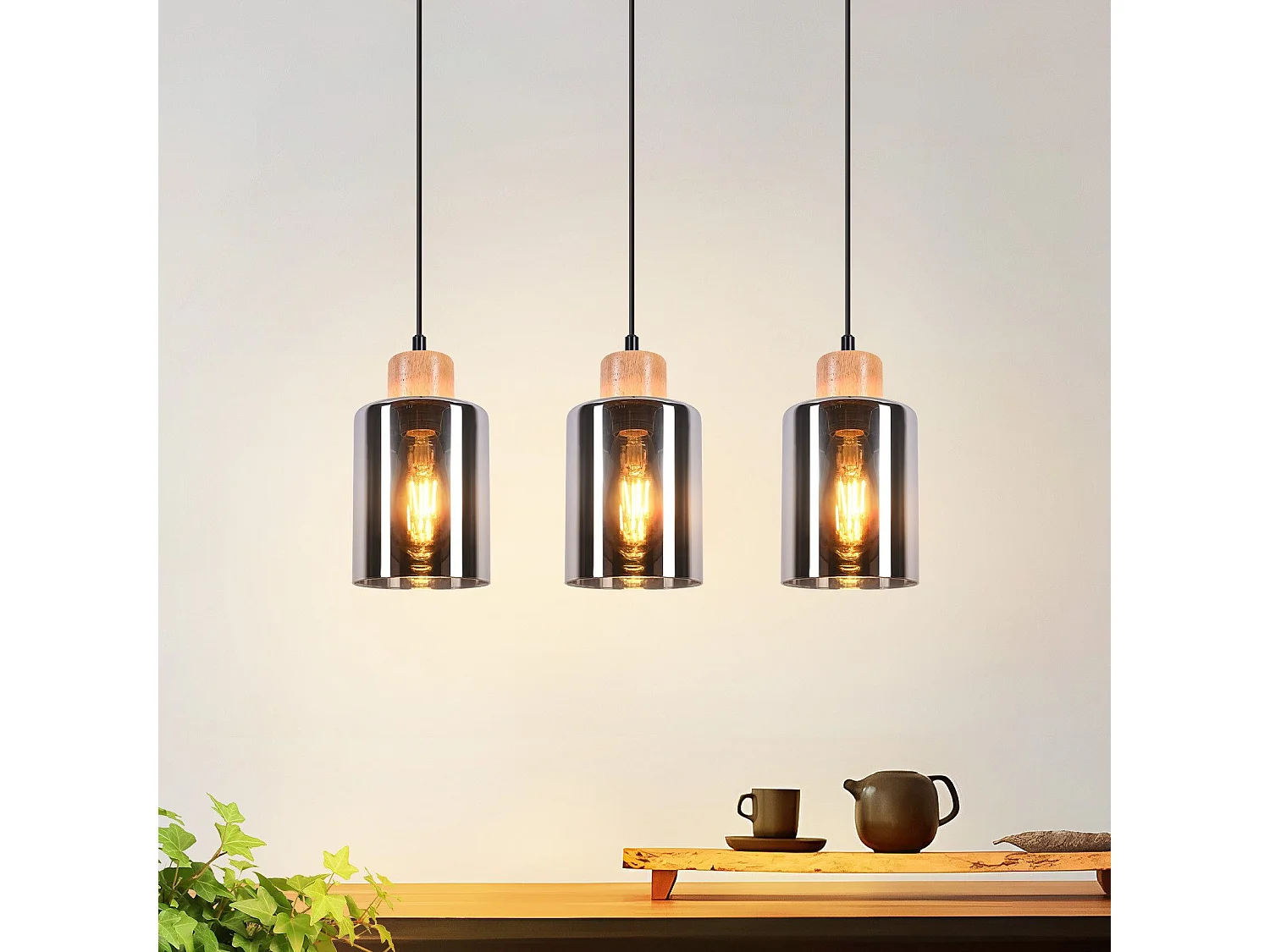 NETTLIFE Suspension en bois, lampe suspendue E27, lampe de table à manger vintage en verre