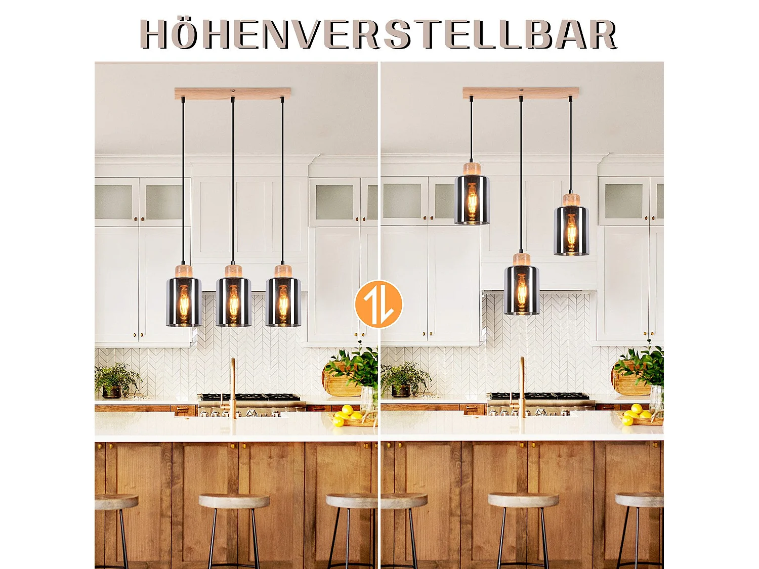 NETTLIFE Suspension en bois, lampe suspendue E27, lampe de table à manger vintage en verre