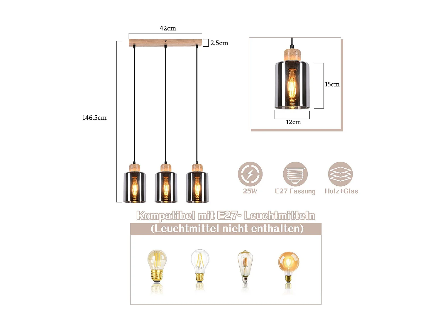NETTLIFE Suspension en bois, lampe suspendue E27, lampe de table à manger vintage en verre
