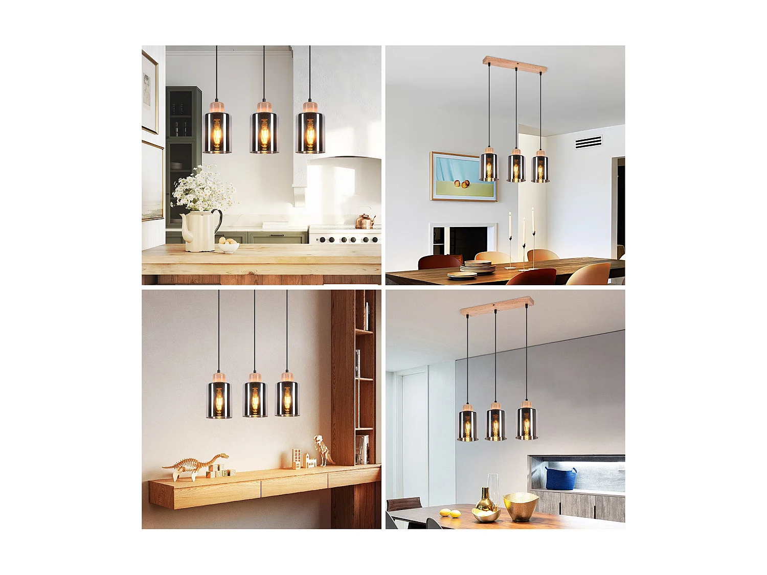 NETTLIFE Suspension en bois, lampe suspendue E27, lampe de table à manger vintage en verre