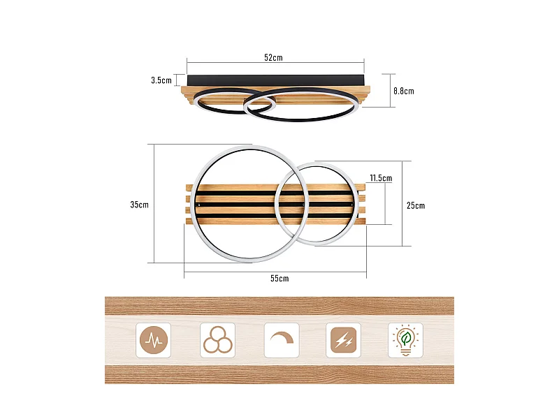 NETTLIFE Plafonnier led en intensité variable : 55 cm, plafonnier moderne à 2 anneaux, 36 w, design avec télécommande, pour chambre à coucher,