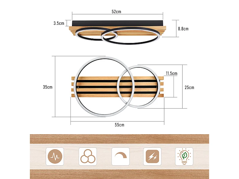 NETTLIFE Plafonnier led en intensité variable : 55 cm, plafonnier moderne à 2 anneaux, 36 w, design avec télécommande, pour chambre à coucher,