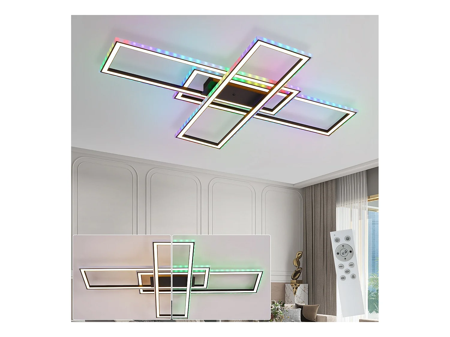 Plafonnier led nettlife pour chambre à coucher - 35 w - intensité variable - noir - avec télécommande - couleur rvb changeante - plafonnier carré