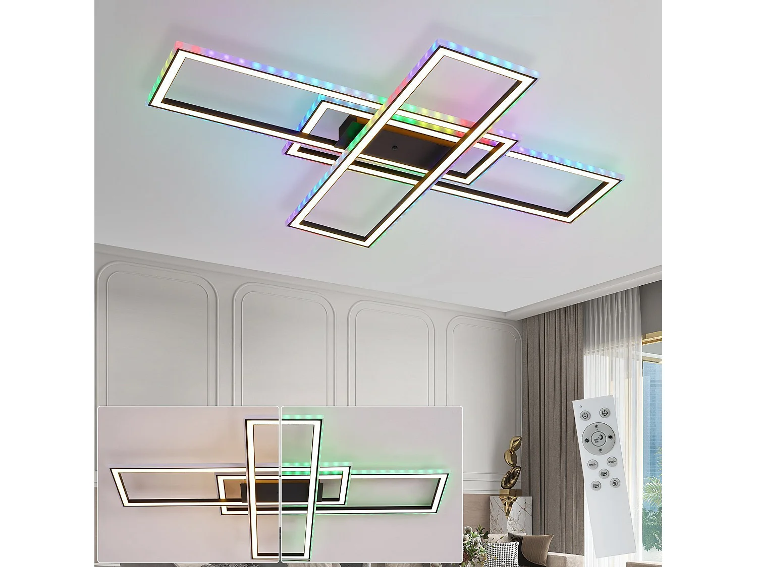 Nettlife LED-Deckenleuchte für Schlafzimmer – 35 W – dimmbar – Schwarz – mit Fernbedienung – RGB-Farbwechsel – quadratische Deckenleuchte