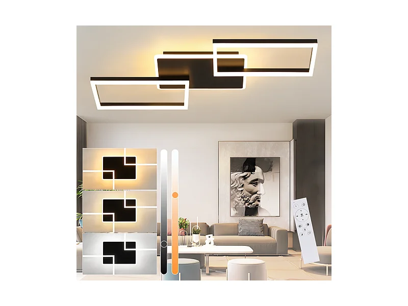 Nettlife plafonnier led pour salon - grand plafonnier noir à intensité variable avec télécommande 63 w lampe de chambre moderne métal 80 cm