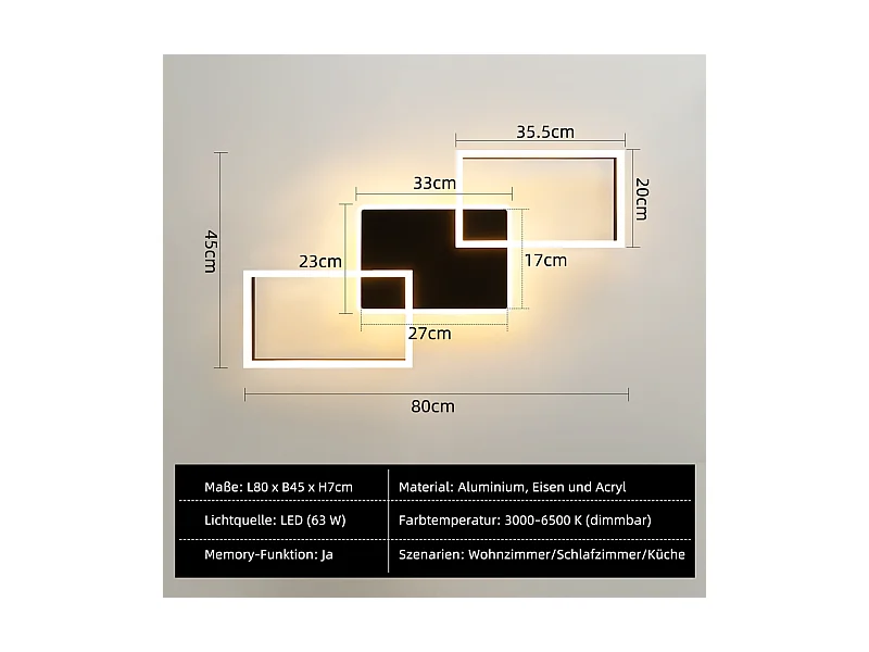 Nettlife plafonnier led pour salon - grand plafonnier noir à intensité variable avec télécommande 63 w lampe de chambre moderne métal 80 cm