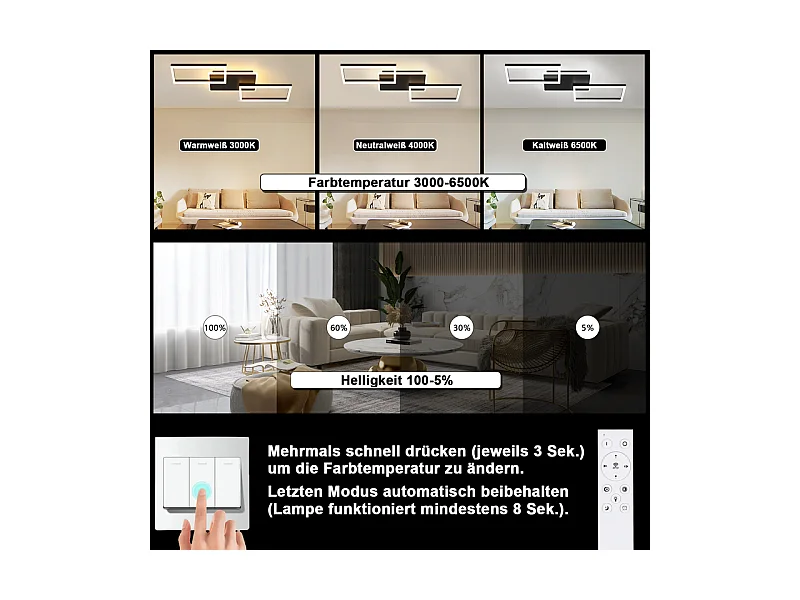 Nettlife plafonnier led pour salon - grand plafonnier noir à intensité variable avec télécommande 63 w lampe de chambre moderne métal 80 cm