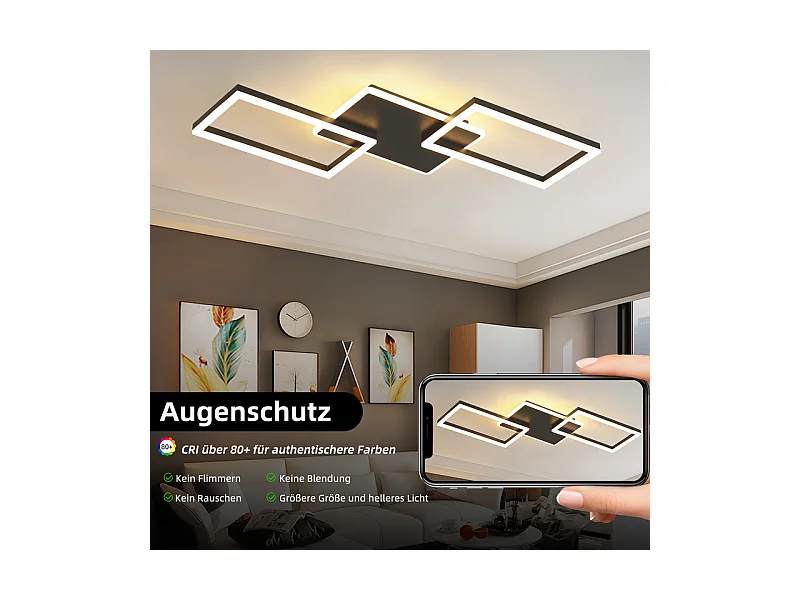 Nettlife plafonnier led pour salon - grand plafonnier noir à intensité variable avec télécommande 63 w lampe de chambre moderne métal 80 cm