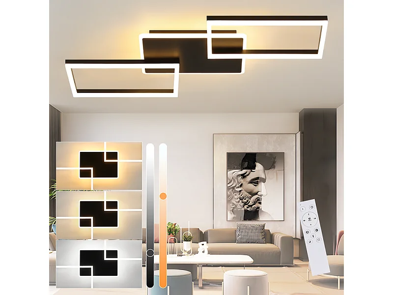 Nettlife plafonnier led pour salon - grand plafonnier noir à intensité variable avec télécommande 63 w lampe de chambre moderne métal 80 cm