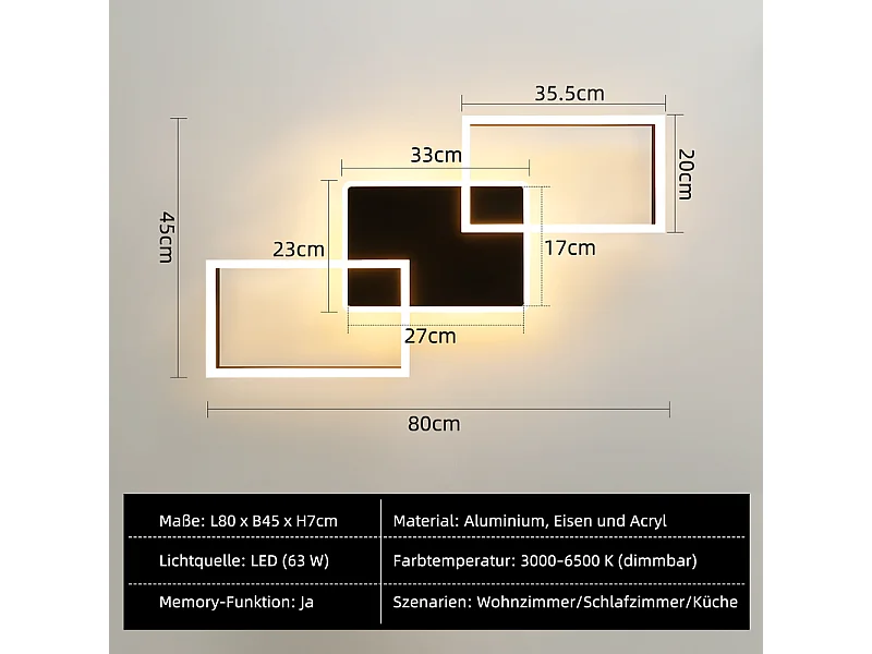 Nettlife LED-plafondlamp voor woonkamer - Grote zwarte dimbare plafondlamp met afstandsbediening 63W moderne metalen slaapkamerlamp 80cm