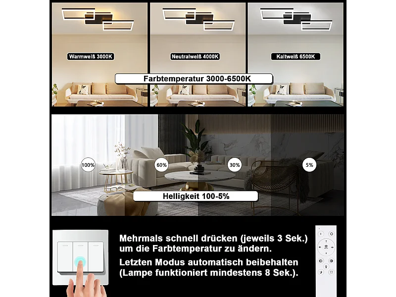 Nettlife LED-plafondlamp voor woonkamer - Grote zwarte dimbare plafondlamp met afstandsbediening 63W moderne metalen slaapkamerlamp 80cm