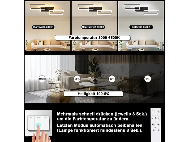 Nettlife plafonnier led pour salon - grand plafonnier noir à intensité variable avec télécommande 63 w lampe de chambre moderne métal 80 cm