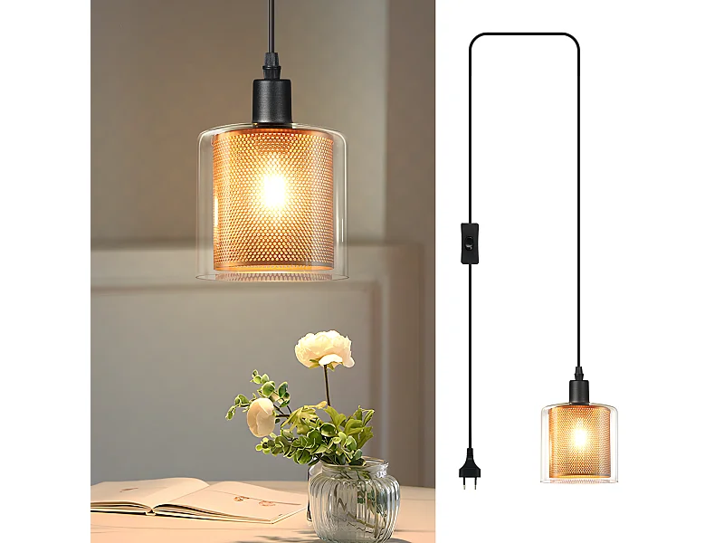 NETTLIFE Vintage hanglamp met 1 vlam: hanglamp van goudkleurig glas met stekker en schakelaar E14