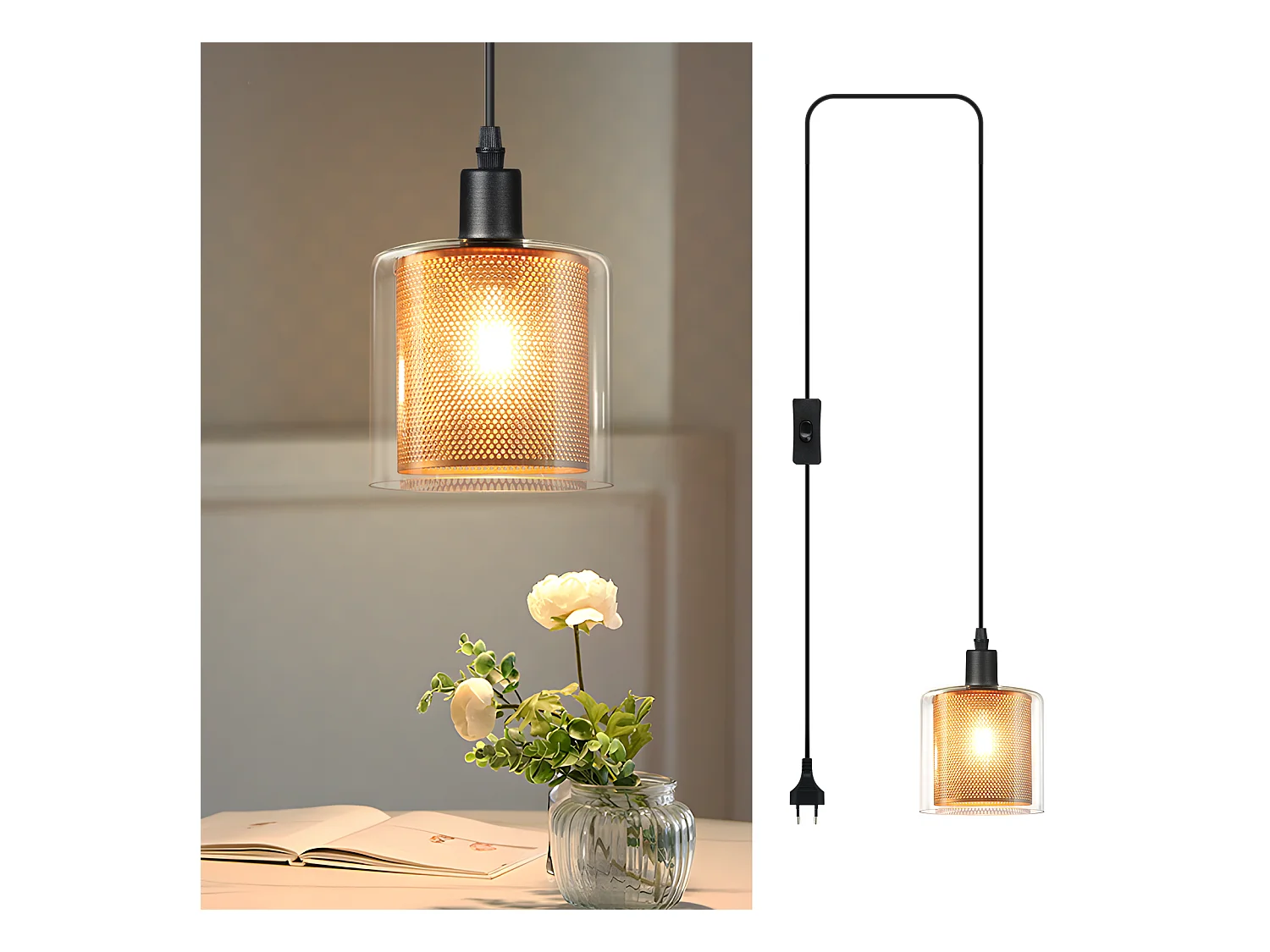 NETTLIFE Lampe suspendue vintage 1 flamme : lampe suspendue en verre doré avec prise et interrupteur lampe suspendue E14