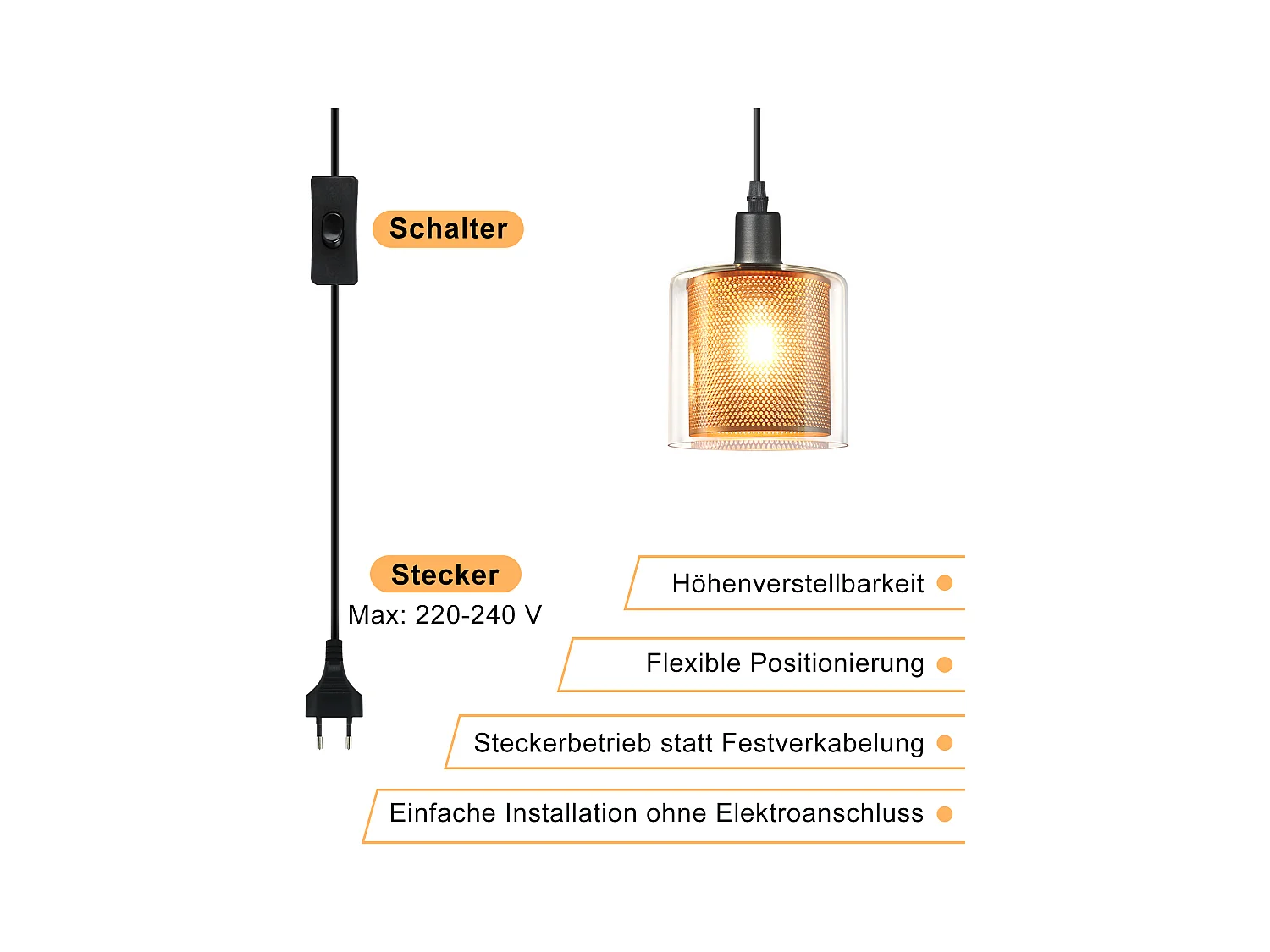 NETTLIFE Lampe suspendue vintage 1 flamme : lampe suspendue en verre doré avec prise et interrupteur lampe suspendue E14